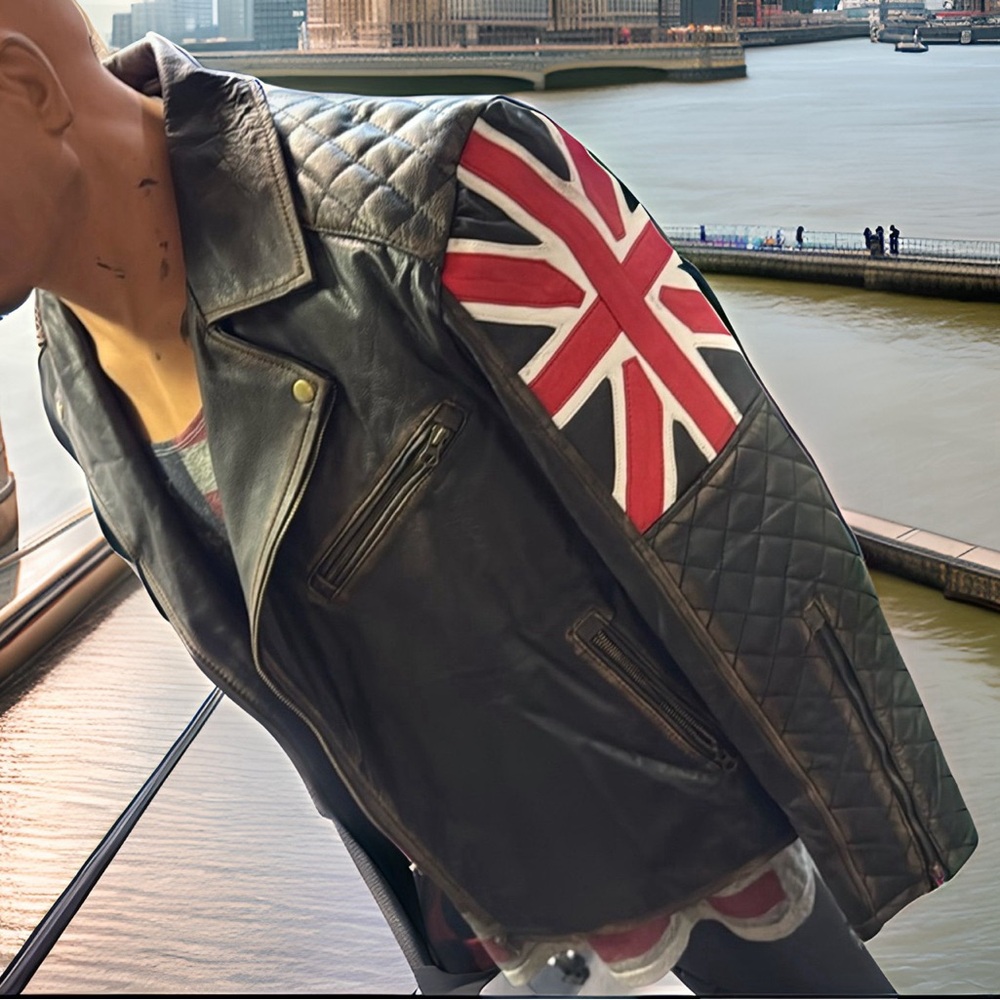 Unworn - brown leather moto jacket - Union Jack shoulders, quilted sleeves